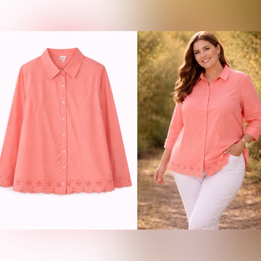 Peach Button-Up Cotton Cottagecore Feminine Blouse XL Eyelet Hem and Sleeves
